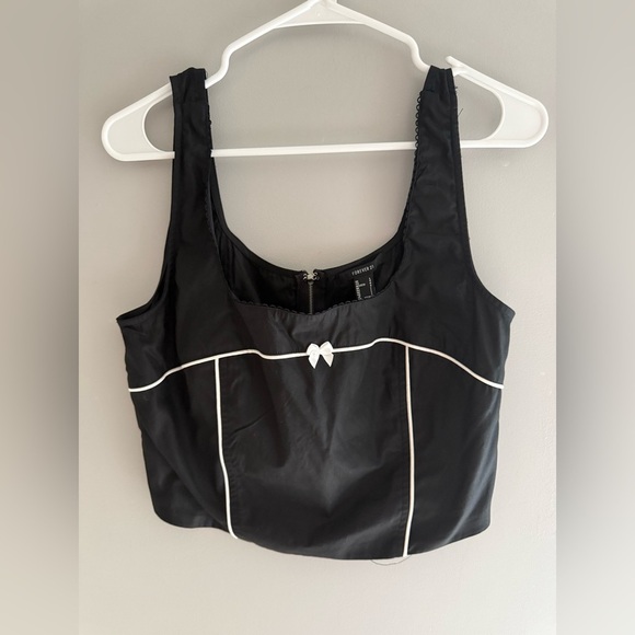 Forever 21 Womens Black Corset Cropped Tank Top SZ LG New Bow Summer Coquette - Picture 1 of 9